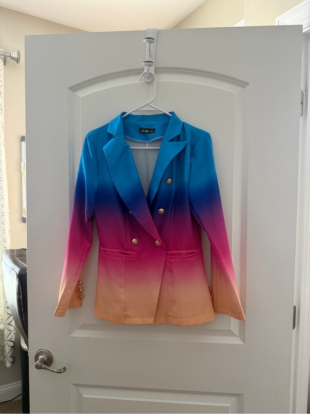 Color-Block Ombre Blazer Jacket - Blue to Pink to Tan